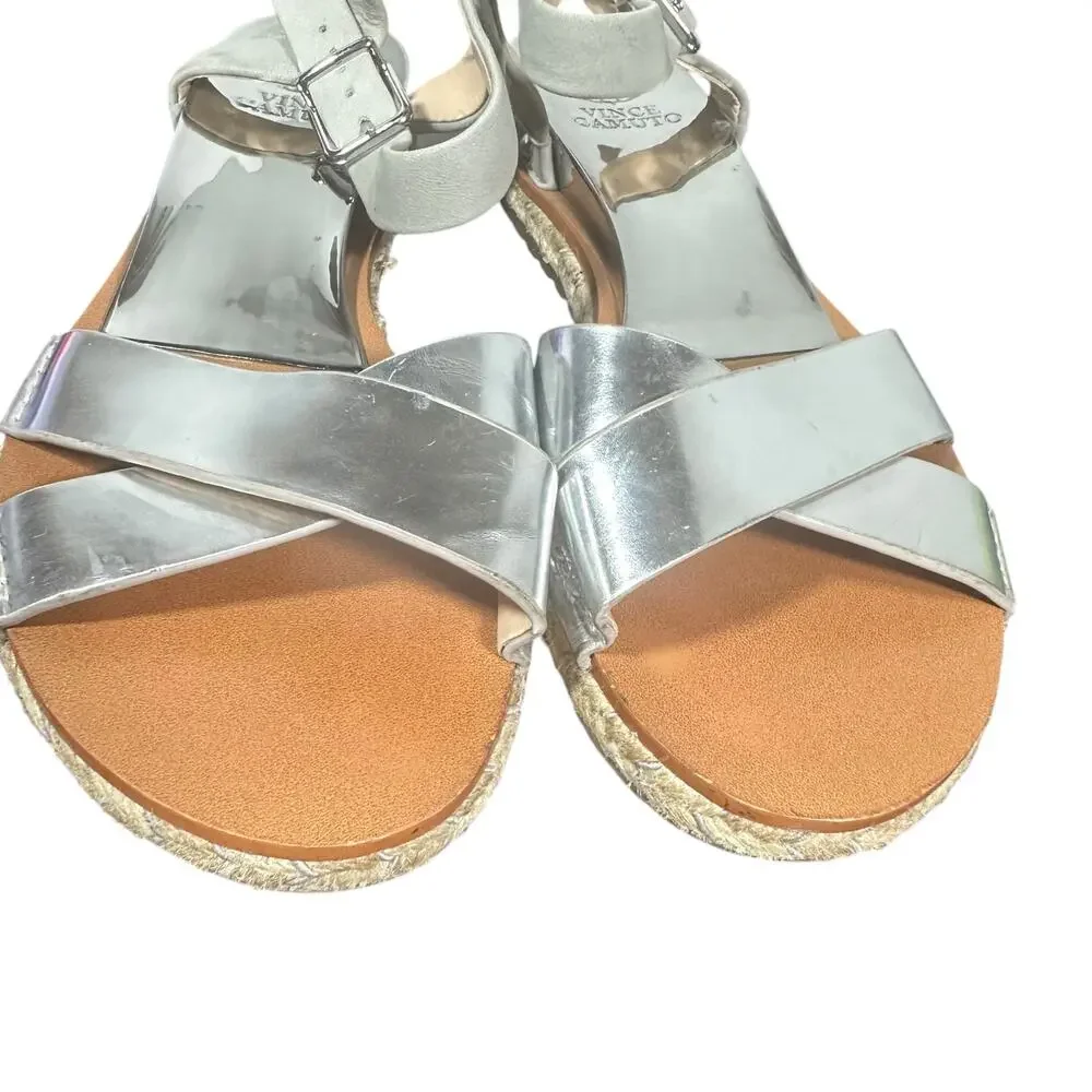 Vince Camuto Women's Silver Espadrille Sandals 6.5M Strappy Ankle Wrap leather - Picture 11 of 12